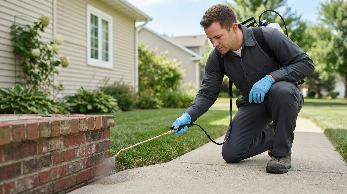 Pest control technician treating a home near Thompsonville, IL