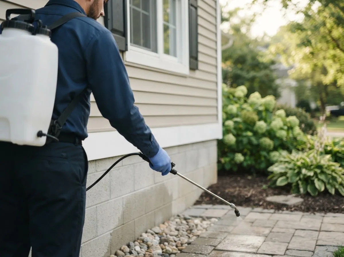 Pest control technician inspecting a home in Thompsonville, IL